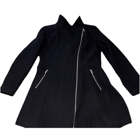 Guess Womens Sz XL BLK Wool Full Zip Up Herringbone Collar Long Tunic Moto Coat - Picture 8 of 15